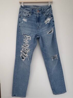 American Eagle Outfitters Women's Distressed Straight Leg Jeans - Light Blue